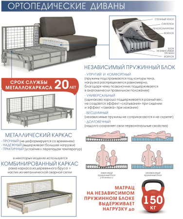 Ортопедический Диван Барон/Разные Цвета Ш-2180 х Г-1100 х В-900 мм